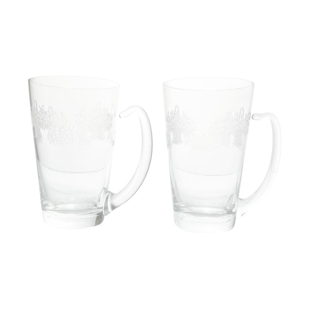 Morgantown “Hotel Drake” Pair of Glass Mugs 5 3/8” 14oz Etched Basket & Garland
